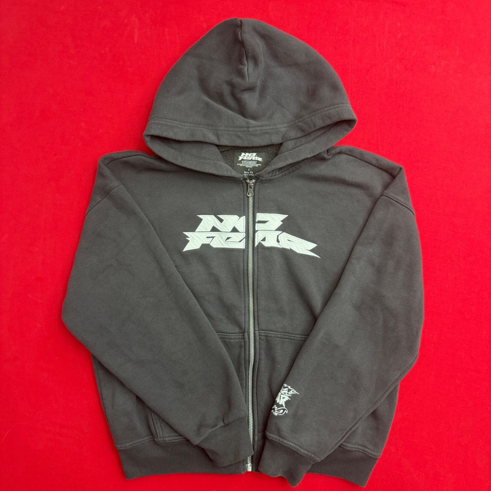 VTG Y2K No Fear Mens Zip Up SMALL Hoodie Faded Black Embroidered Logo Sweatshirt